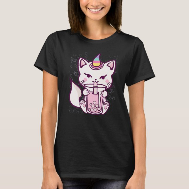 T-shirt Cute Cat Unicorn Drinking Bubble Tea (Devant)