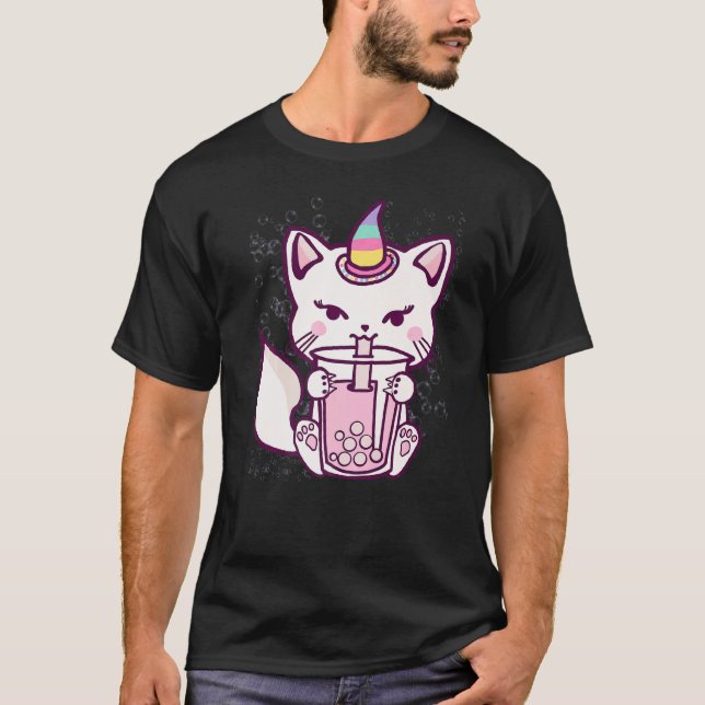 T-shirt Cute Cat Unicorn Drinking Bubble Tea (Devant)