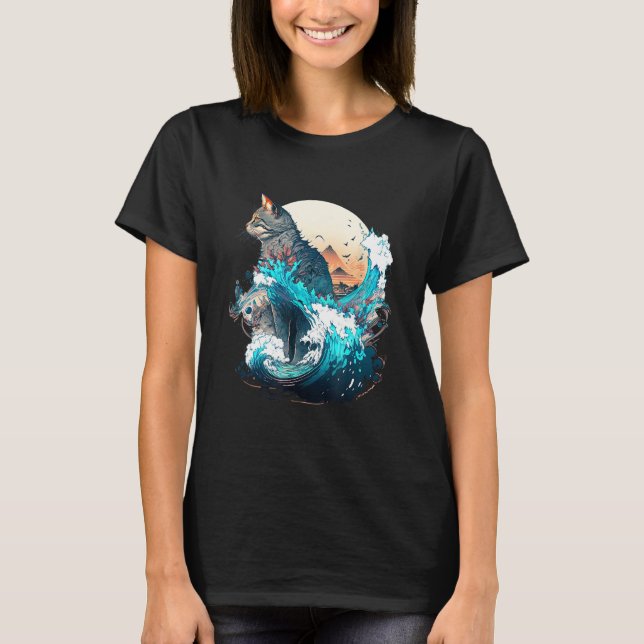 T-shirt Cute Cat with a ocaen wave Illustration 1 (Devant)
