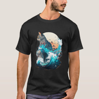 T-shirt Cute Cat with a ocaen wave Illustration 1