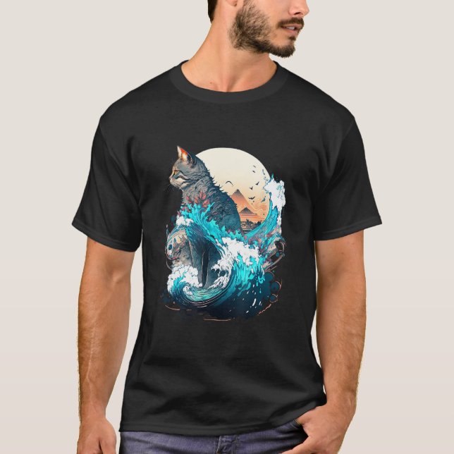 T-shirt Cute Cat with a ocaen wave Illustration 1 (Devant)