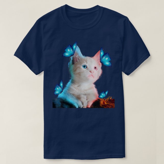 T-shirt Cute Chat Blanc Avec Papillon Adoption Chat Pour C (Design devant)
