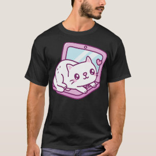 T-shirt Cute Chat Blanc Reposant Sur Ordinateur Portable