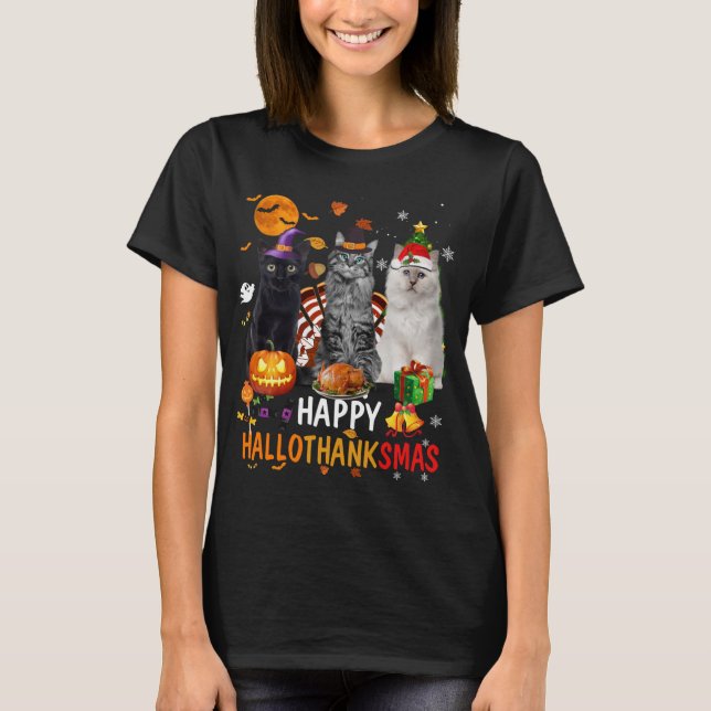T-shirt Cute Chat Halloween Joyeux Noël Joyeux Hallothan (Devant)