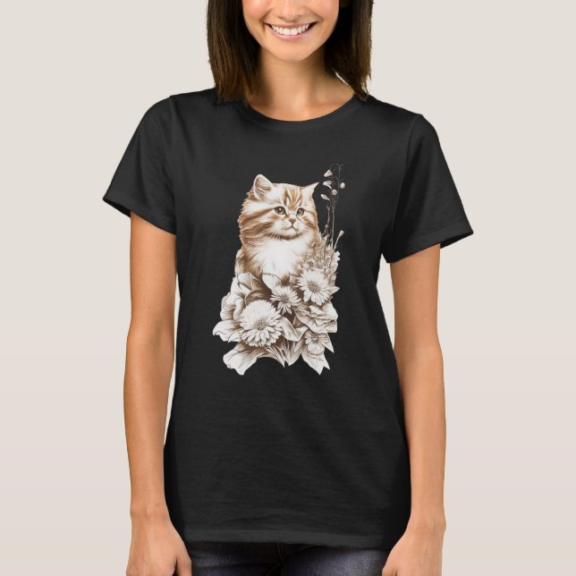 T-shirt Cute Chat Kitten & Fleurs Chat Propriétaire Chat (Devant)
