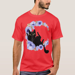 T-shirt Cute Chat Noir Fleur Bleu Croissant Lune Lune Cele