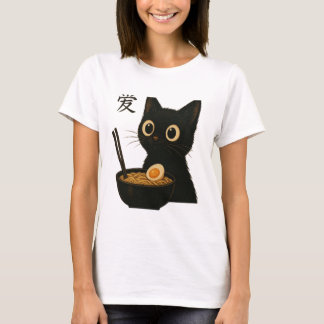 T-shirt Cute Chat Noir Profitant Du Ramen - Drôle et Adora