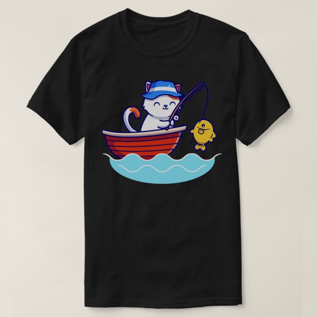 T-shirt Cute Chat Pêche En Mer En Bateau (Design devant)