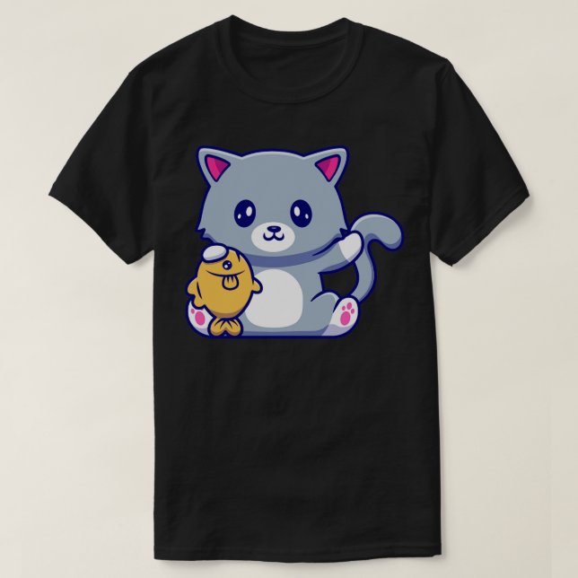T-shirt Cute Chat Poisson-Holding (Design devant)