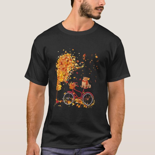 T-shirt Cute Chat Sur Vélo À L'Automne Feuille D'Érable Au (Devant)