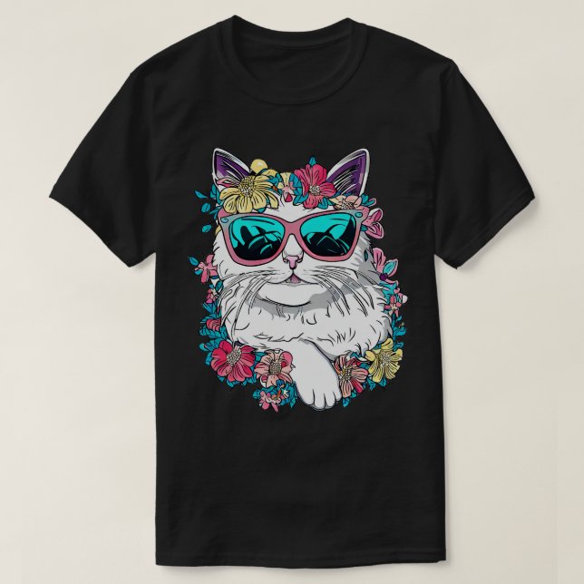 T-shirt Cute chat Van Turc et de belles fleurs (Design devant)