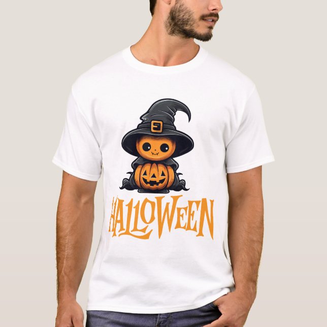 T-shirt Cute Chibi Pumpkin Witch Hat Halloween Graphic (Devant)