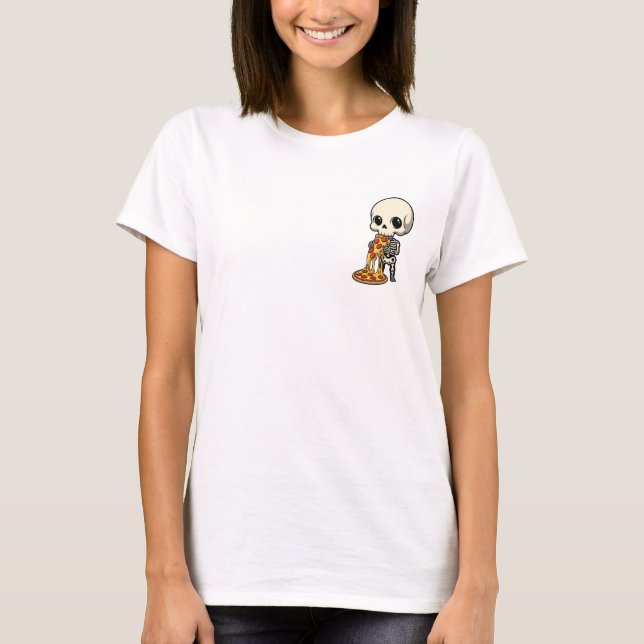 T-shirt Cute Chibi Skeleton Devouring Cheesy Pepperoni (Devant)