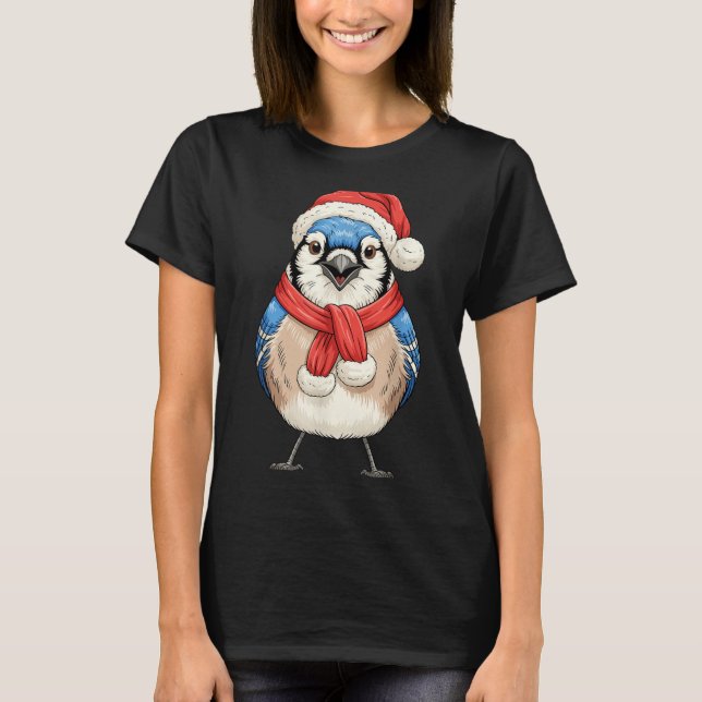 T-shirt Cute Christmas Blue Jay Santa Bird Watching  (Devant)