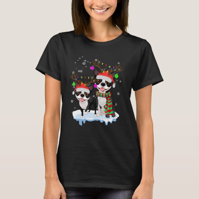 T-shirt Cute Christmas Boston Terrier Santa Hats Reindeer  (Devant)