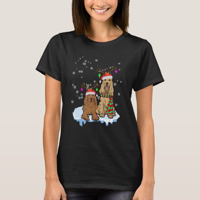 T-shirt Cute Christmas Cocker Spaniel Santa Hats Reindeer  (Devant)