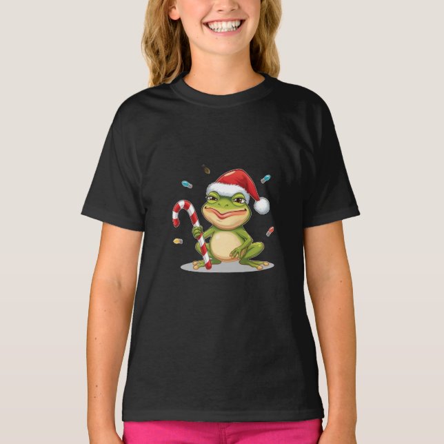 T-shirt Cute Christmas Frog With Candy Cane - Funny Holida (Devant)