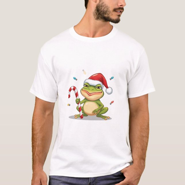 T-shirt Cute Christmas Frog With Candy Cane - Funny Holida (Devant)