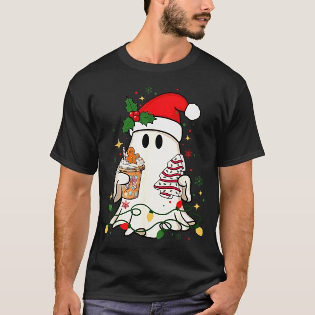 T-shirt Cute Christmas Ghost Coffee Tree Cake Xmas Lights  (Devant)