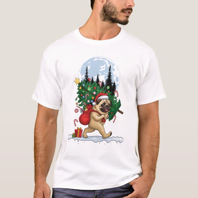 T-shirt Cute Christmas Pug With Tree and Gifts  (Devant)