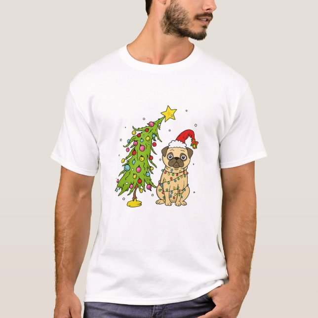 T-shirt Cute Christmas Pug Wrapped in Holiday Lights (Devant)