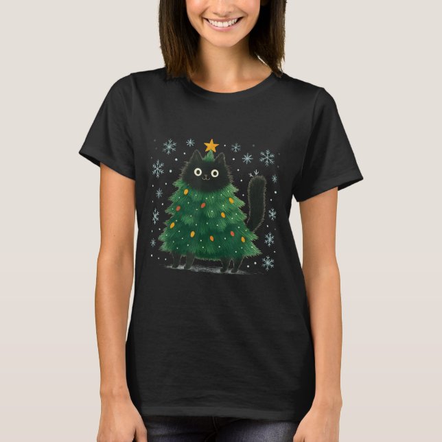 T-shirt Cute Christmas Tree Cat Funny Holiday Snowflake  (Devant)