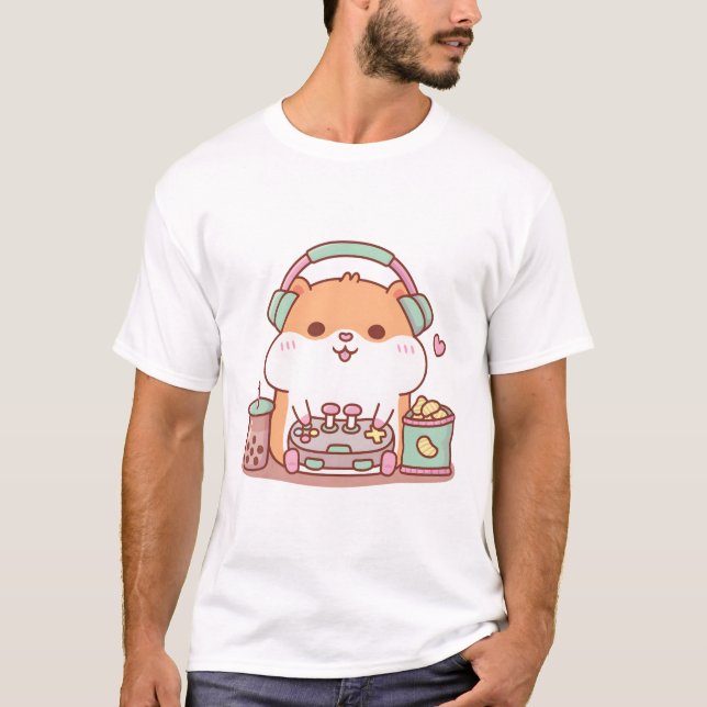 T-shirt Cute Chubby Hamster Gamer Jouer à des jeux vidéo (Devant)