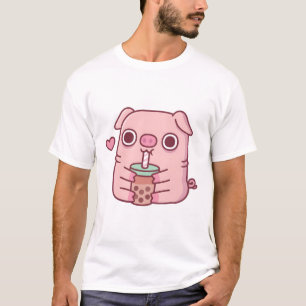 T-shirt Cute Chubby Piggy Aime Boire Du Thé De Bulle