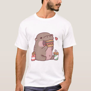 T-shirt Cute Chubby Pygmy Hippo Aime Manger Burger