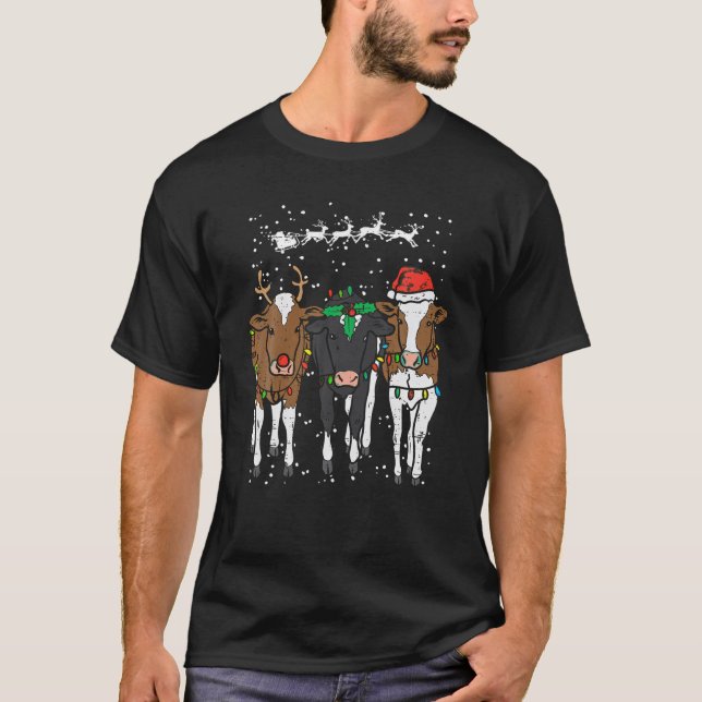 T-shirt Cute Cow Reindeer Casquette Père Noël Farm Animal  (Devant)