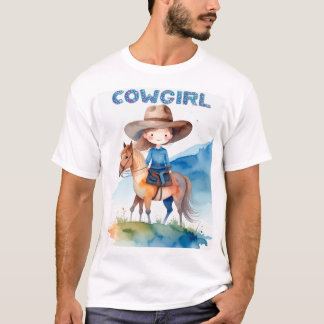 T-shirt Cute Cowgirl Girl Riding Horse Watercolor Design