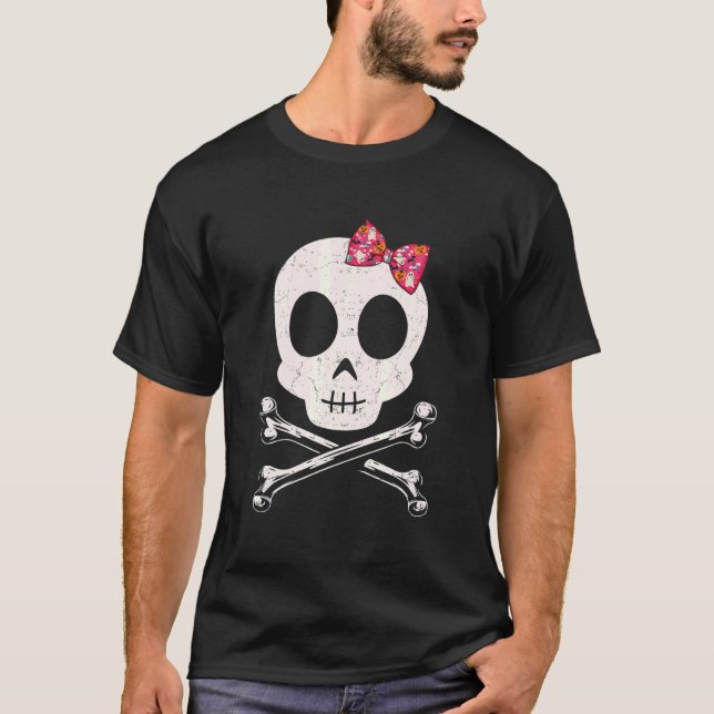 T-shirt Cute Crâne Et Crossbones Cravate Bow Rose Hallowee (Devant)