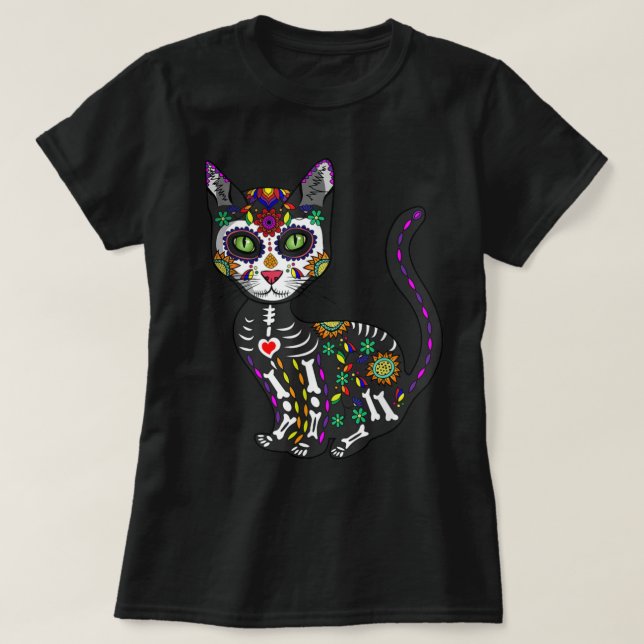 T-shirt Cute Crâne Sucre Mexicaine Chat Halloween Jour De (Design devant)