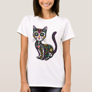T-shirt Cute Crâne Sucre Mexicaine Chat Halloween Jour De