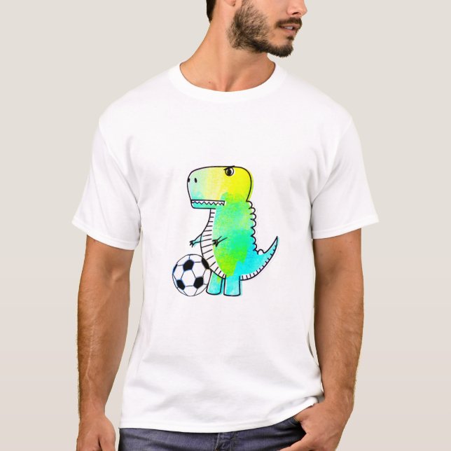 T-shirt Cute Dinosaur Aime Le Football Aquarelle (Devant)