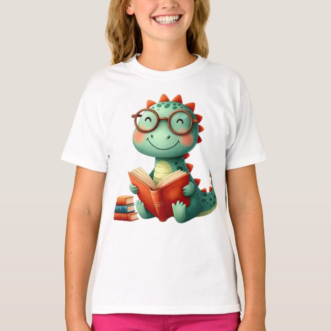 T-shirt Cute Dinosaur porter des lunettes Livres Retour à  (Devant)