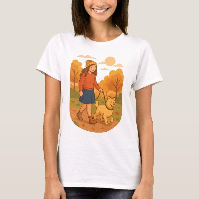 T-shirt Cute Dog Mom Walking Pup in Cozy Forest  (Devant)