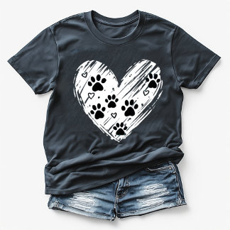 T-shirt Cute Dog Paw Prints Brushstroke Heart Black 