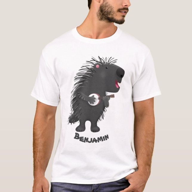 T-shirt Cute drôle porc-épic avec dessin animé de banjo (Devant)