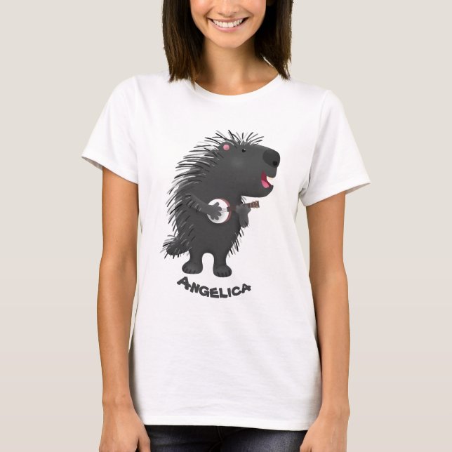 T-shirt Cute drôle porc-épic avec dessin animé de banjo (Devant)