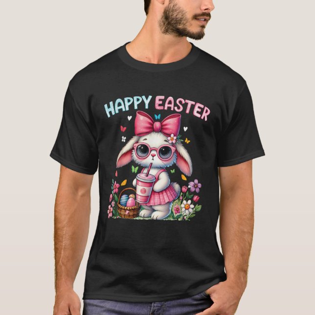 T-shirt Cute Easter Bunny drinking Ice coffee Easter Bow W (Devant)
