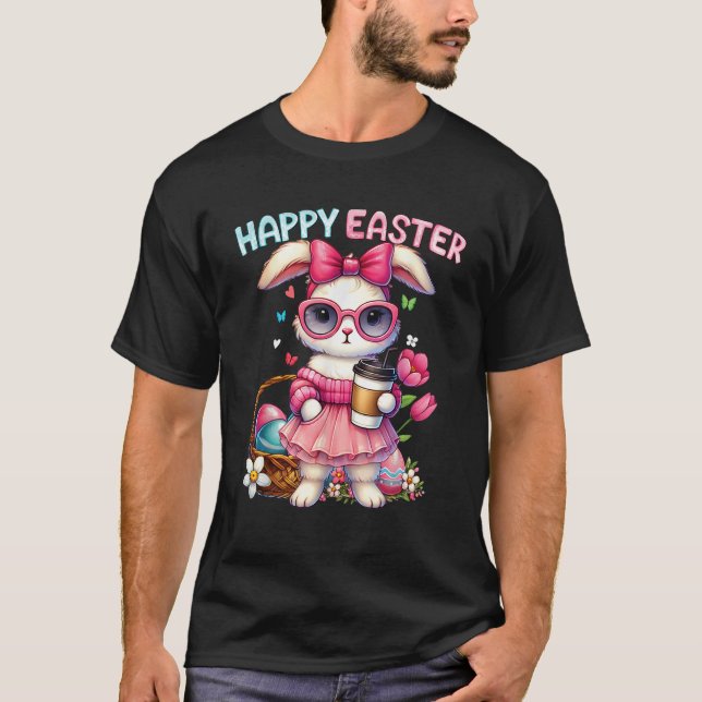 T-shirt Cute Easter Bunny Drinking Ice coffee Easter Bow W (Devant)