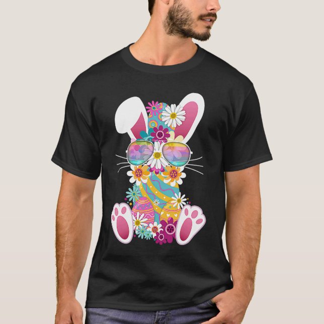 T-shirt Cute Easter Rabbit Dye Eggs Daises & Sunglasses (Devant)