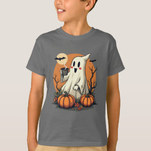 T-shirt Cute fantôme avec café et Halloween Citrouille