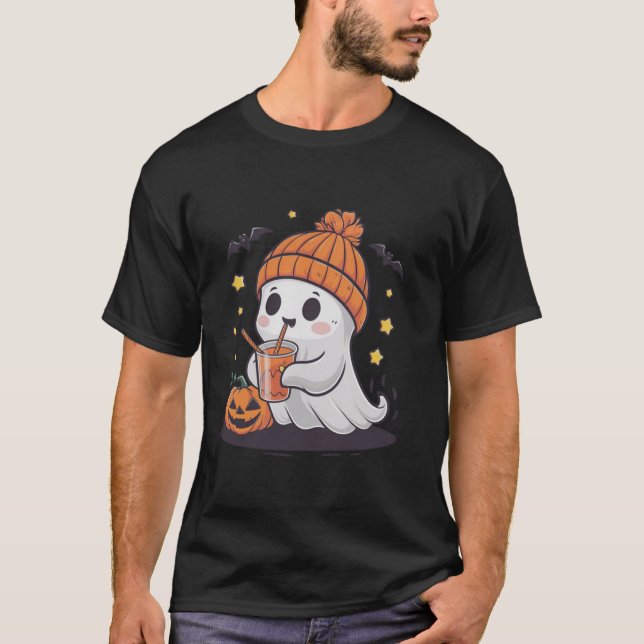 T-shirt Cute Fantôme Boire Café Drôle Costume Citrouille T (Devant)