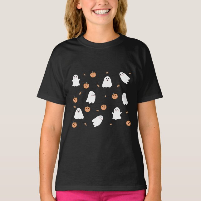 T-shirt Cute Fantôme et Citrouille Motif d'Halloween noir (Devant)