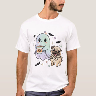 T-shirt Cute Fantôme Marcher Chien Carlin Café Halloween C
