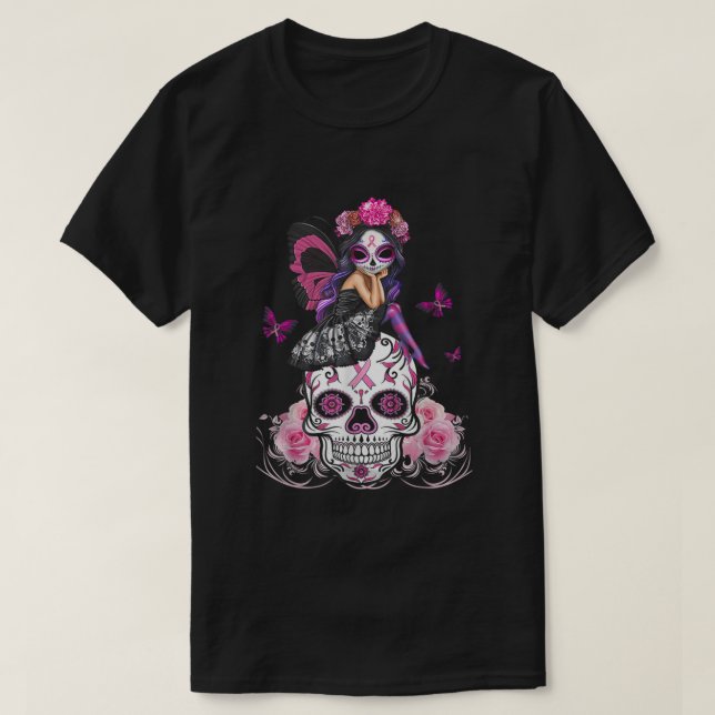 T-shirt Cute Fée Sugar Crâne Cancer du sein Papillon Pin (Design devant)