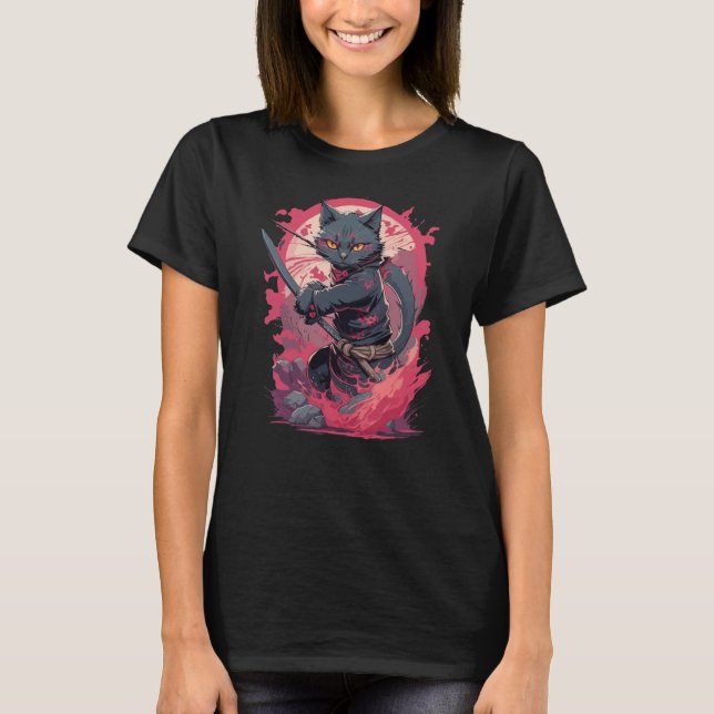 T-shirt Cute Fire Splash Noir Ninja Chat Guerrier (Devant)