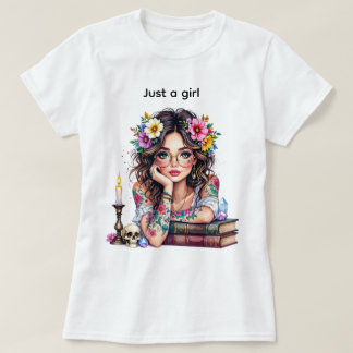 T-shirt Cute flower book candle girl with glasses